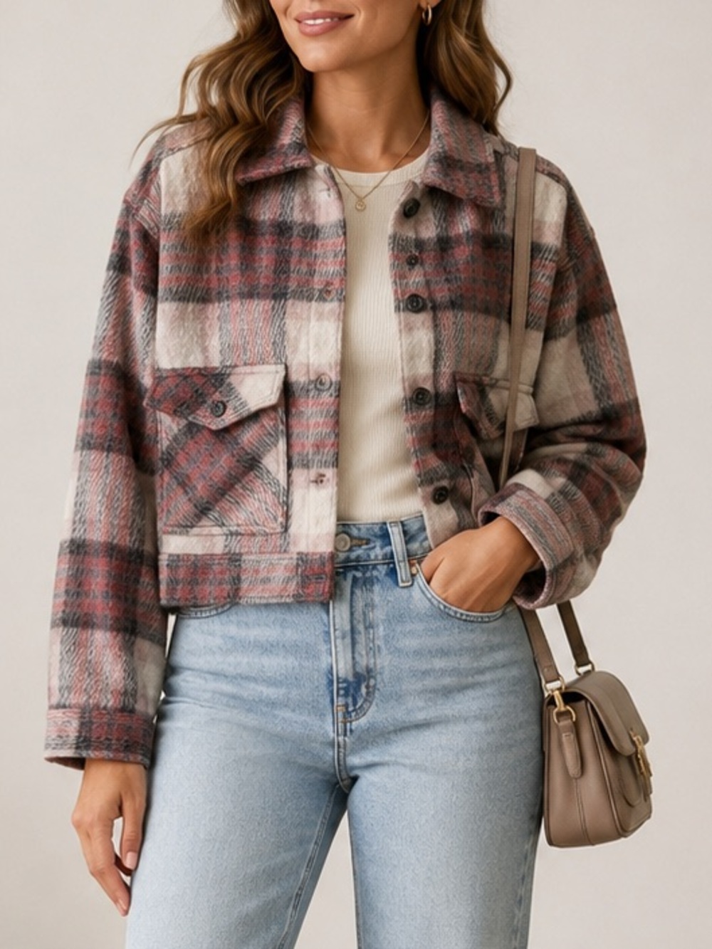 Roxy Wool Blend Red Cream Plaid Cropped Utility Jacket